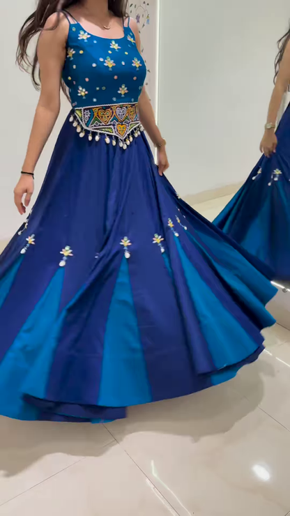Blue Floral Embroidered Lehenga Choli with Beaded Belt and Sleek Sleeveless Silhouette – A Modern Twist on Regal Ethnicity