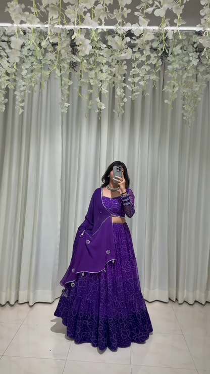 Purple Regal Embroidered Lehenga Choli with Elegant Full-Sleeve Blouse and Draped Dupatta – Crafted for Graceful Festive Moments
