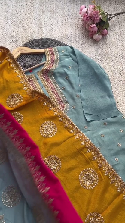 Royal Blue & Mustard Embroidered Festive Kurta Set – Traditional Elegance