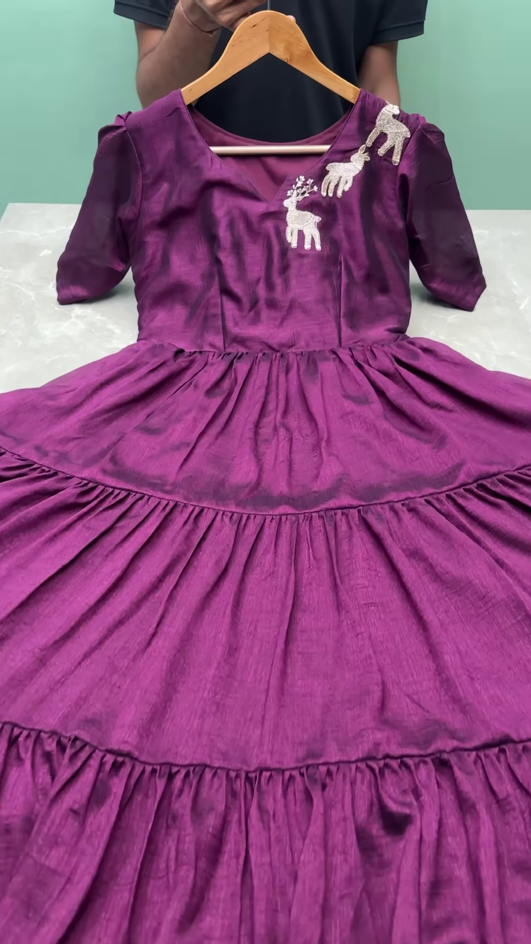 Elegant Red Tiered Cotton Frock with Reindeer Embroidery