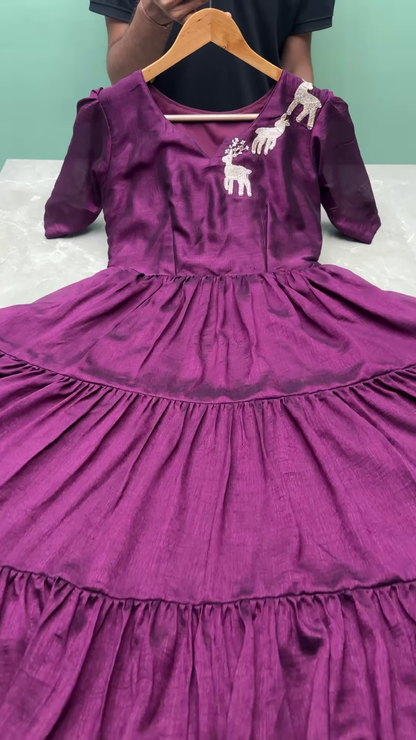 Elegant Red Tiered Cotton Frock with Reindeer Embroidery