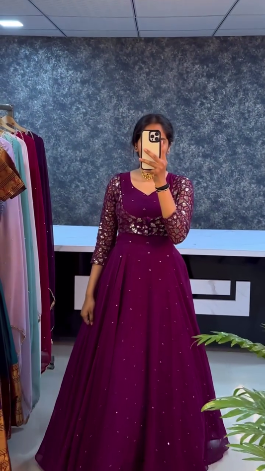 Royal Purple Sequined Gown with Sheer Embroidered Sleeves