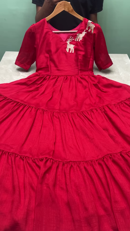 Elegant Red Tiered Cotton Frock with Reindeer Embroidery