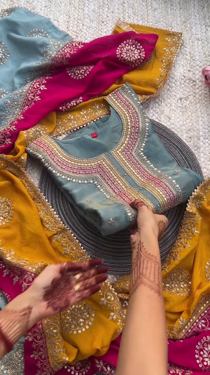 Royal Blue & Mustard Embroidered Festive Kurta Set – Traditional Elegance