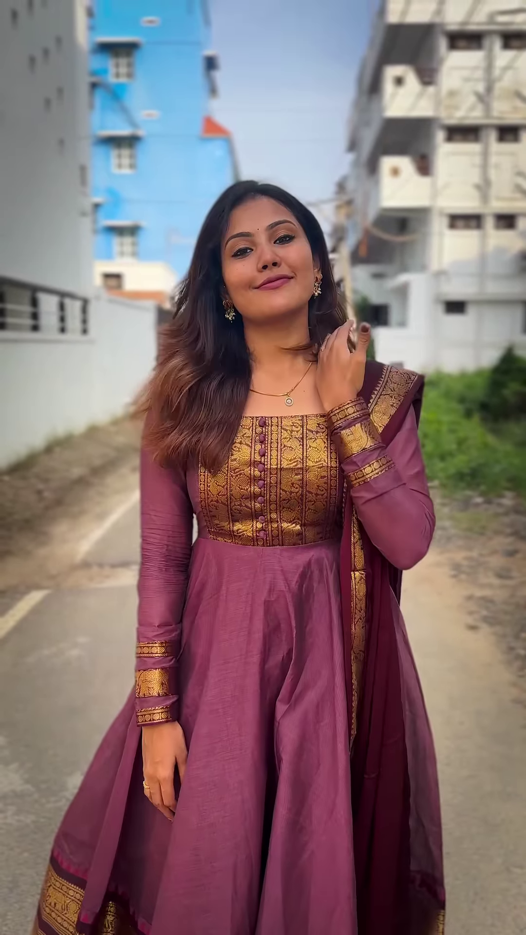 Royal Purple Anarkali Suit with Gold Zari Border & Dupatta