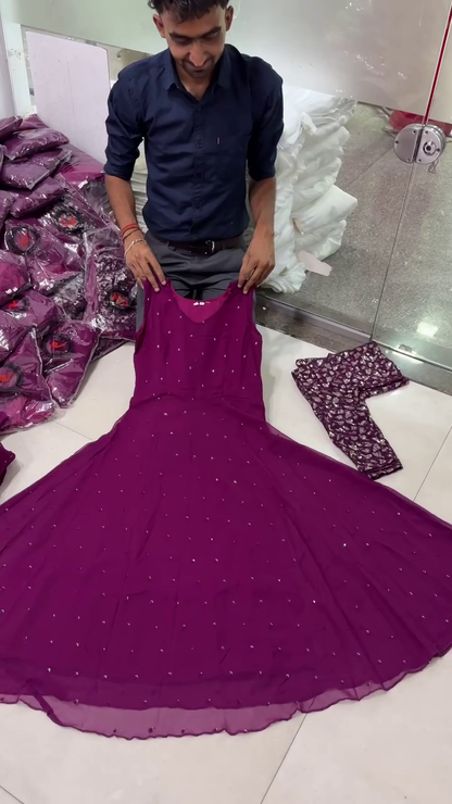 Royal Purple Sequined Gown with Sheer Embroidered Sleeves