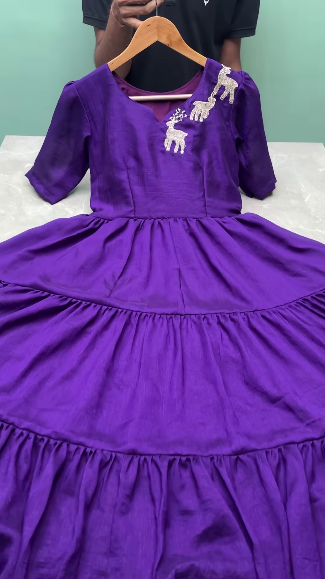 Elegant Red Tiered Cotton Frock with Reindeer Embroidery