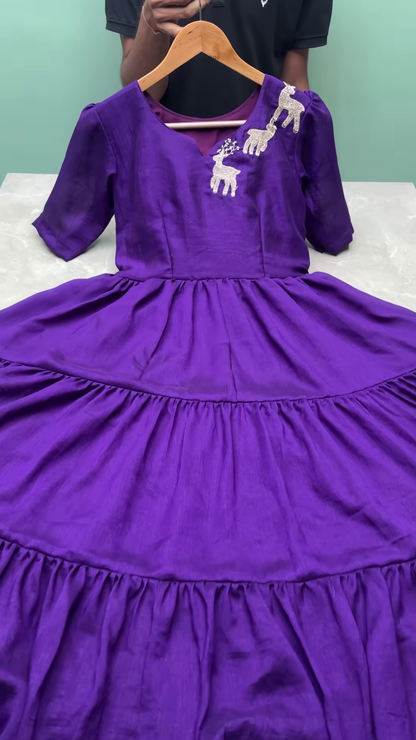 Elegant Red Tiered Cotton Frock with Reindeer Embroidery