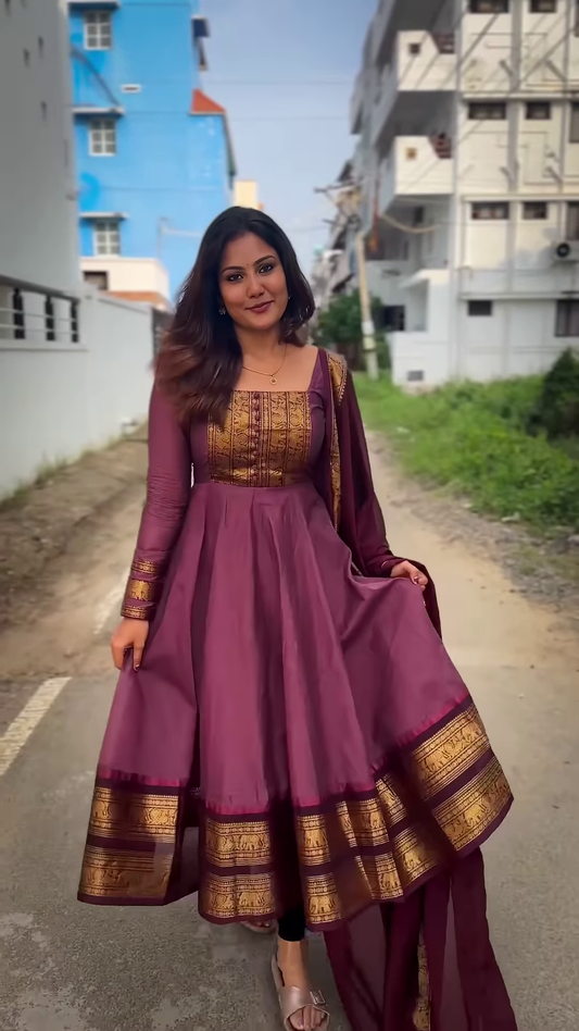 Royal Purple Anarkali Suit with Gold Zari Border & Dupatta