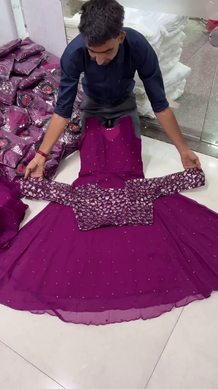 Royal Purple Sequined Gown with Sheer Embroidered Sleeves