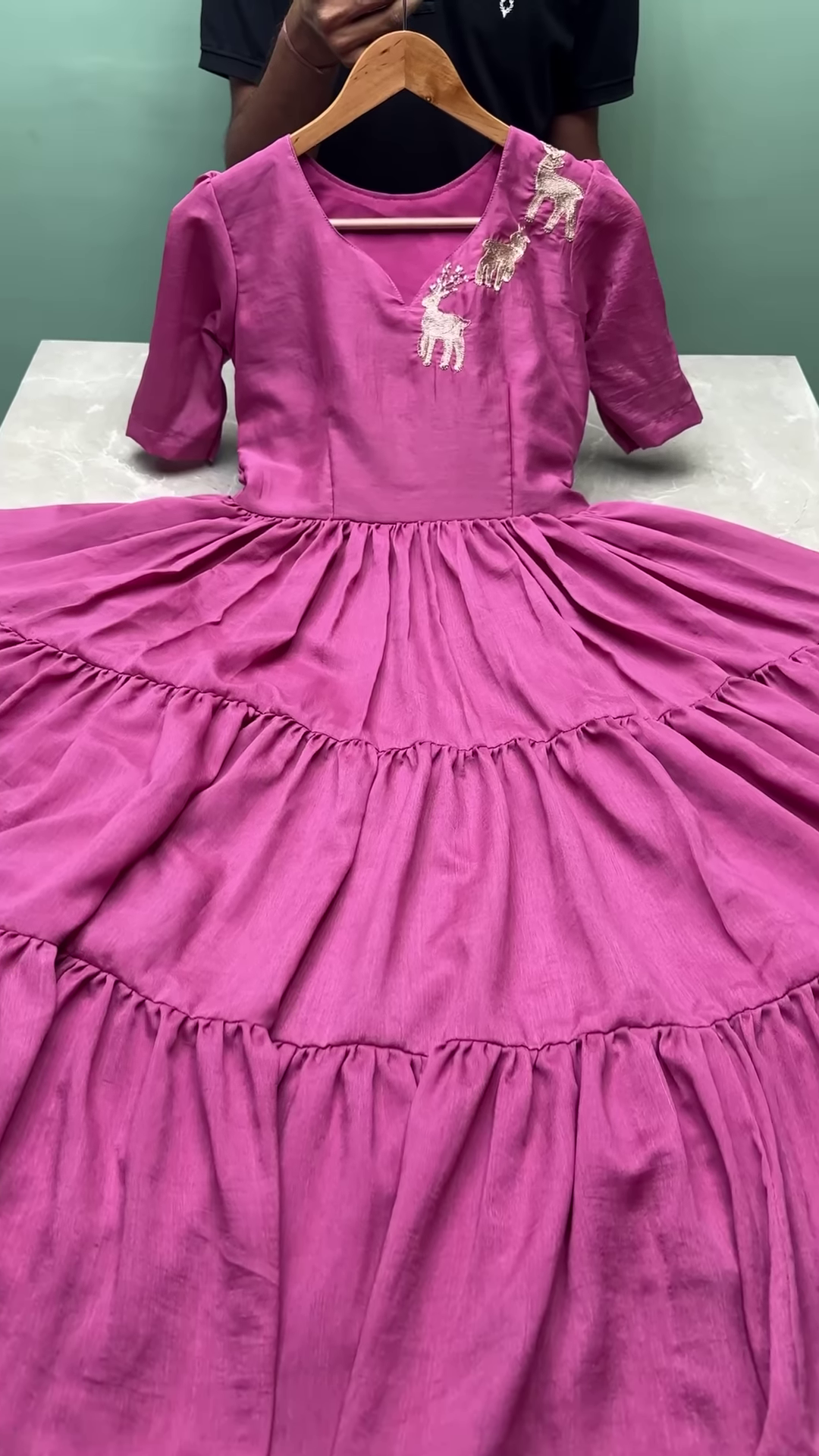 Elegant Red Tiered Cotton Frock with Reindeer Embroidery