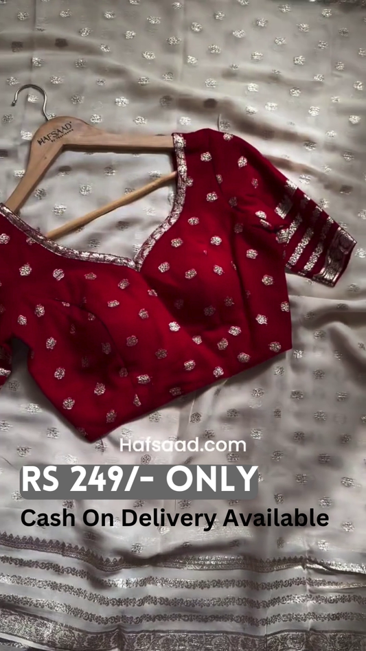 Red Embroidered Silk Blouse with Silver Detailing