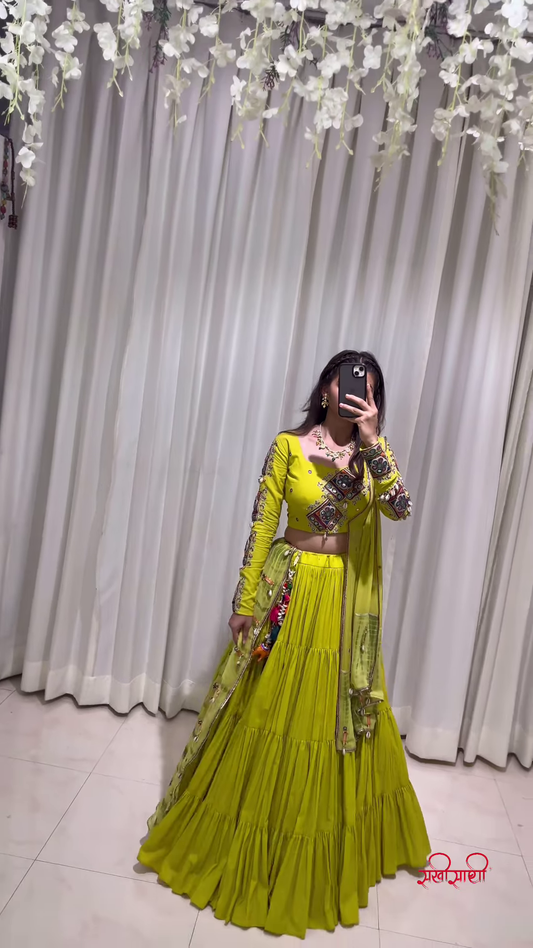 Sunshine Yellow Embroidered Lehenga Choli with Mirror Work and Flowing Dupatta – Designed for Radiant Festive Splendor
