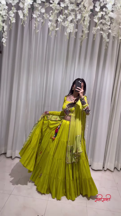 Sunshine Yellow Embroidered Lehenga Choli with Mirror Work and Flowing Dupatta – Designed for Radiant Festive Splendor