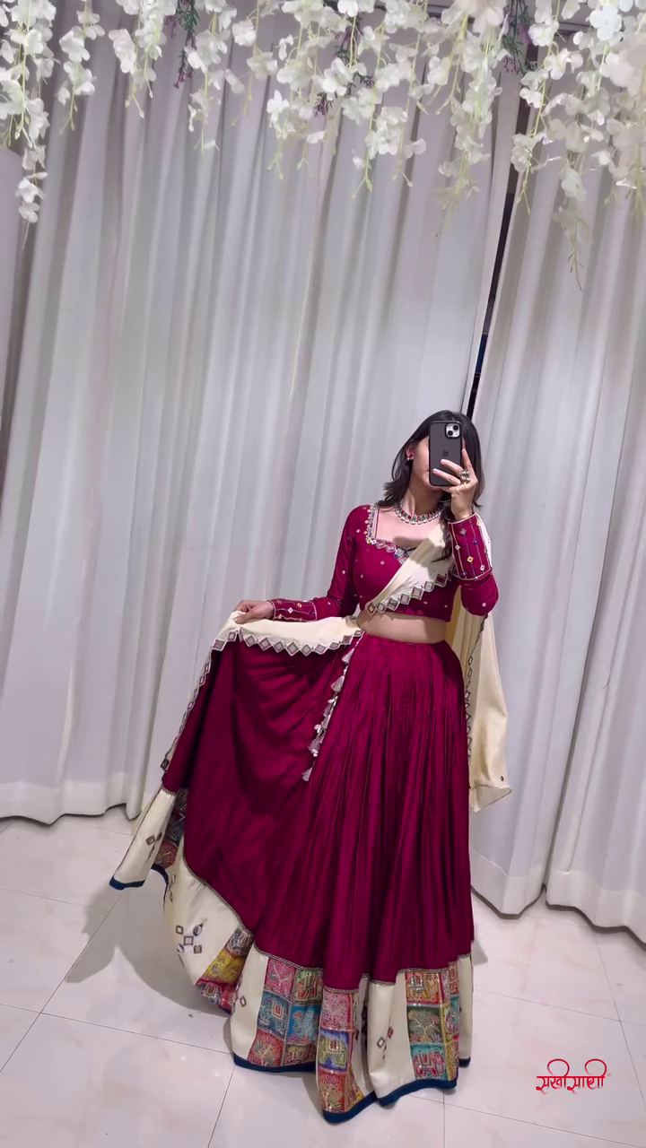 Maroon and Cream Embroidered Lehenga Choli with Floral Dupatta – A Refined Ensemble for Traditional Grace and Festive Splendor