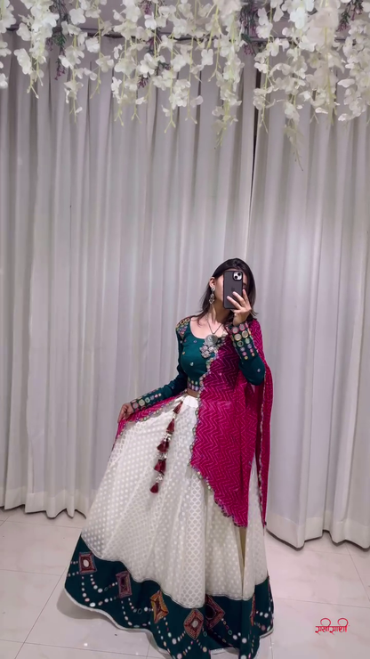 Dark Green Lehenga Choli with White Printed Skirt and Pink Zigzag Dupatta – A Vibrant Display of Fusion Craft and Festive Elegance