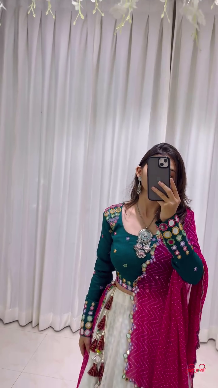Dark Green Lehenga Choli with White Printed Skirt and Pink Zigzag Dupatta – A Vibrant Display of Fusion Craft and Festive Elegance