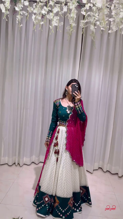 Dark Green Lehenga Choli with White Printed Skirt and Pink Zigzag Dupatta – A Vibrant Display of Fusion Craft and Festive Elegance