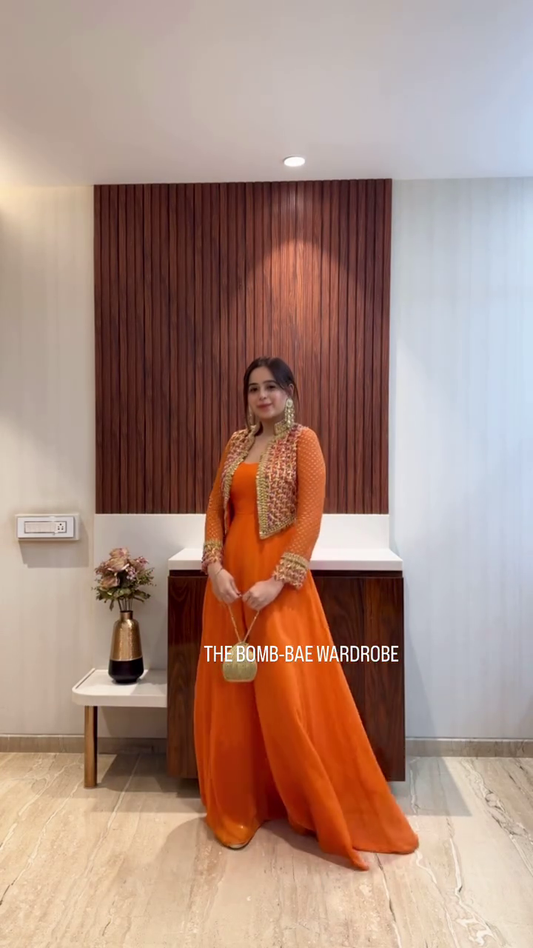 Vibrant Orange Anarkali with Embroidered Jacket