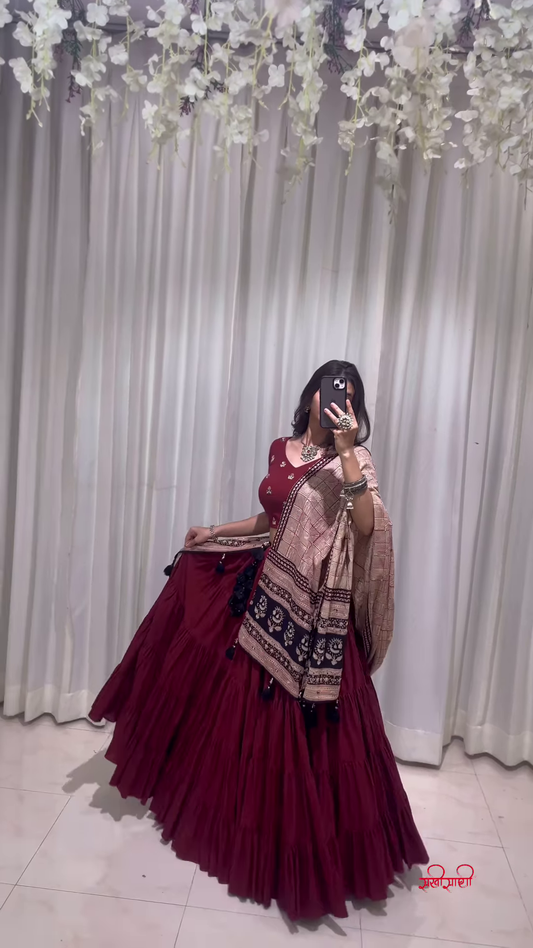 Maroon Silk Lehenga Choli with Beige Floral Dupatta and Ornamental Embroidery – Crafted for Royal Festivities and Refined Grac