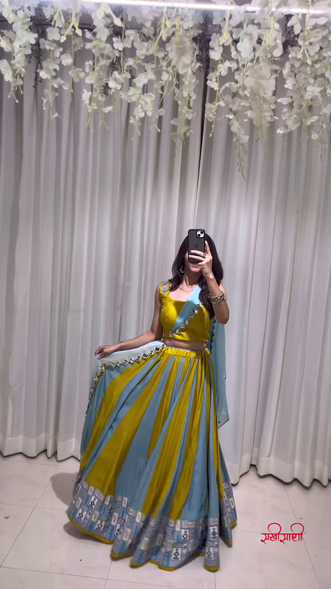 Mustard Yellow and Light Blue Lehenga Choli with Floral Dupatta – A Fusion of Earthy Elegance and Festive Softness