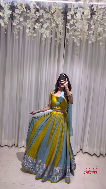 Mustard Yellow and Light Blue Lehenga Choli with Floral Dupatta – A Fusion of Earthy Elegance and Festive Softness