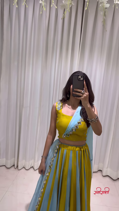 Mustard Yellow and Light Blue Lehenga Choli with Floral Dupatta – A Fusion of Earthy Elegance and Festive Softness