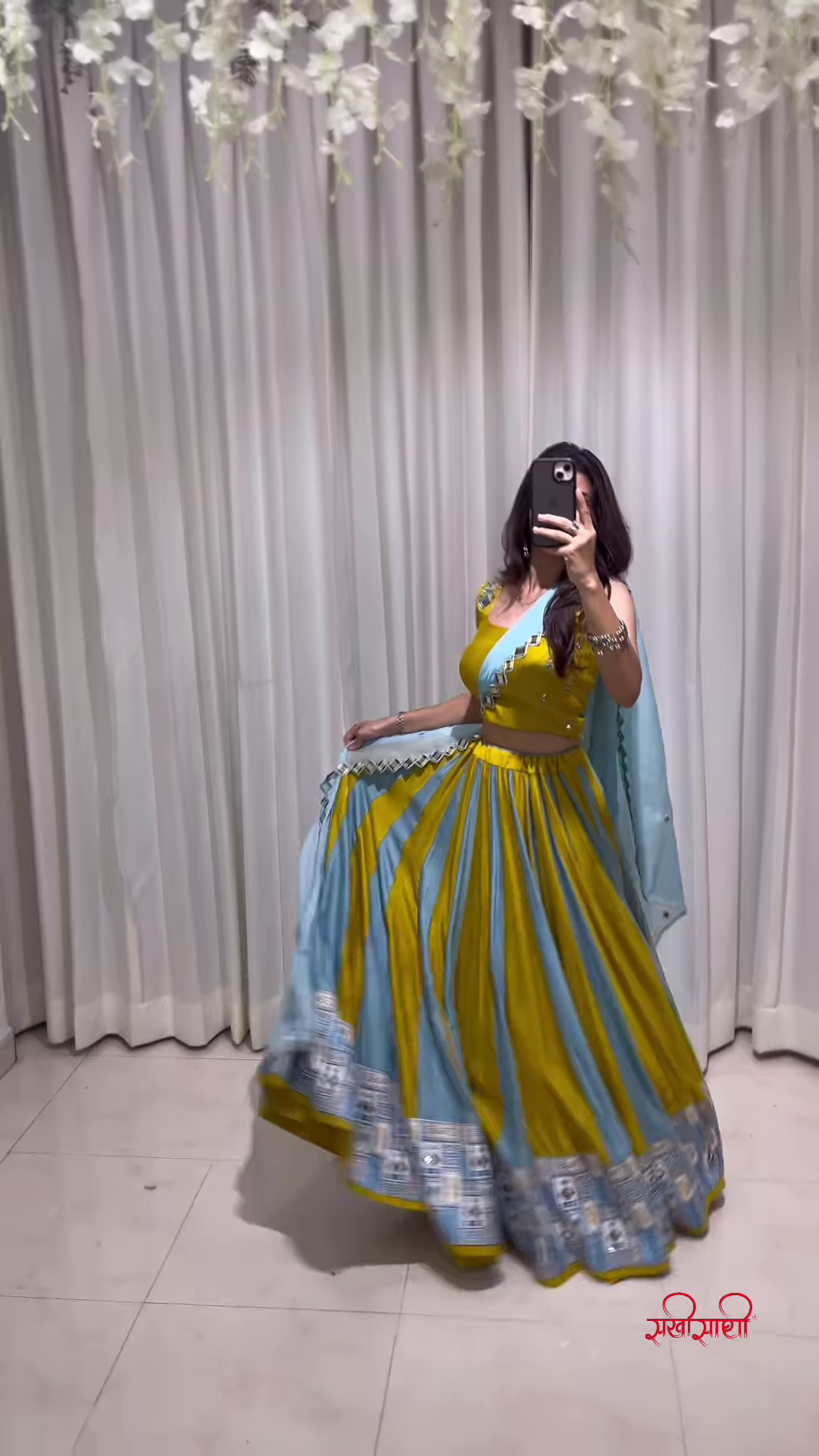 Mustard Yellow and Light Blue Lehenga Choli with Floral Dupatta – A Fusion of Earthy Elegance and Festive Softness