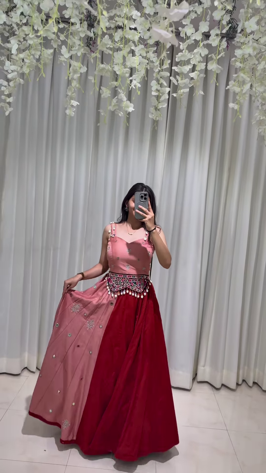 Red and Pink Layered Lehenga Choli with Silver Embellishments – A Vivid Fusion of Tradition and Contemporary Sparkle