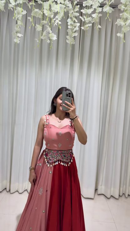 Red and Pink Layered Lehenga Choli with Silver Embellishments – A Vivid Fusion of Tradition and Contemporary Sparkle