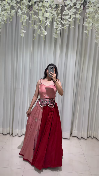Red and Pink Layered Lehenga Choli with Silver Embellishments – A Vivid Fusion of Tradition and Contemporary Sparkle