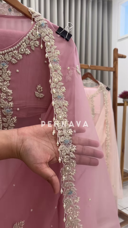 Rose Blush Embroidered Chiffon Suit with Pearl & Zari Detailing