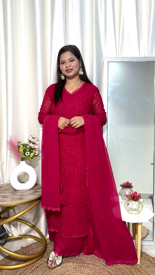 Elegant Wine Red Chikankari Palazzo Suit Set with Dupatta