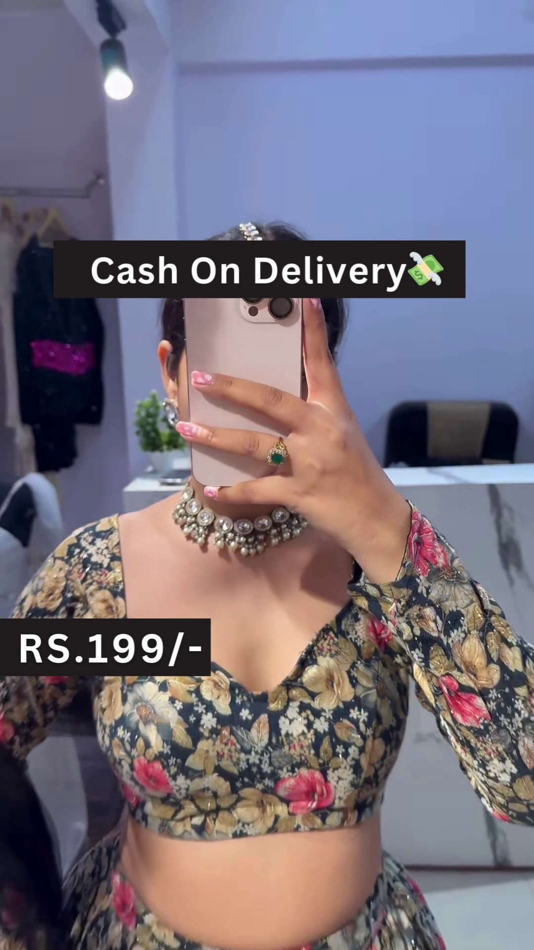 Black Floral Printed Lehenga Choli Set with Pink-Yellow Bloom Motifs and Casual Fit