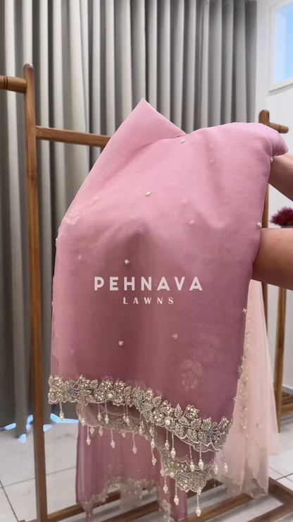 Rose Blush Embroidered Chiffon Suit with Pearl & Zari Detailing