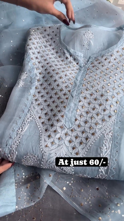 DESIGNER TRENDING HEAVY COTTON THREAD EMBROIDERY WORK SUIT WITH PLAZO AND WORK DUPATTA WITH REAL MIRROR