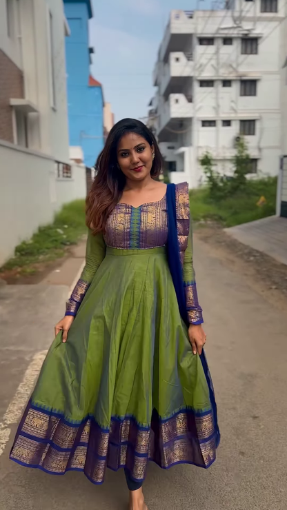 Elegant Green & Blue Banarasi Anarkali Suit with Zari Border