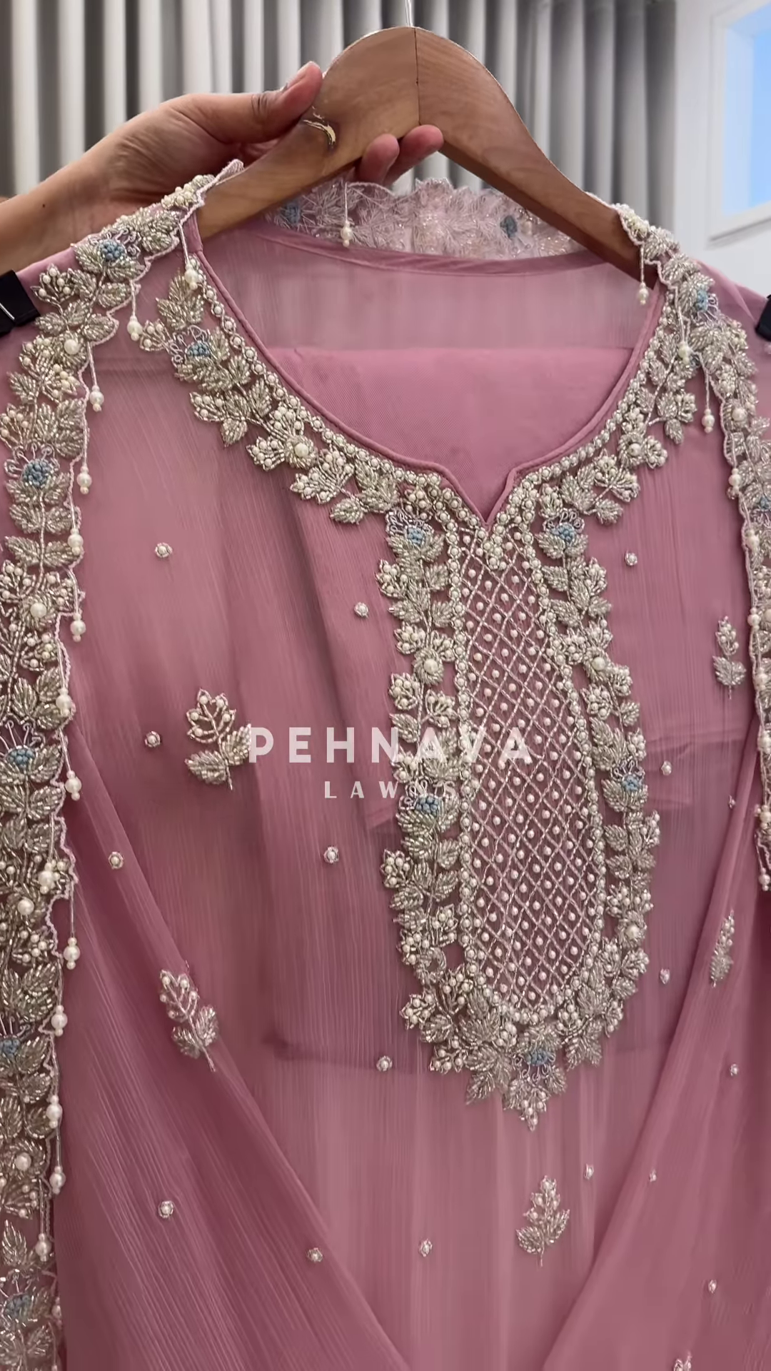 Rose Blush Embroidered Chiffon Suit with Pearl & Zari Detailing