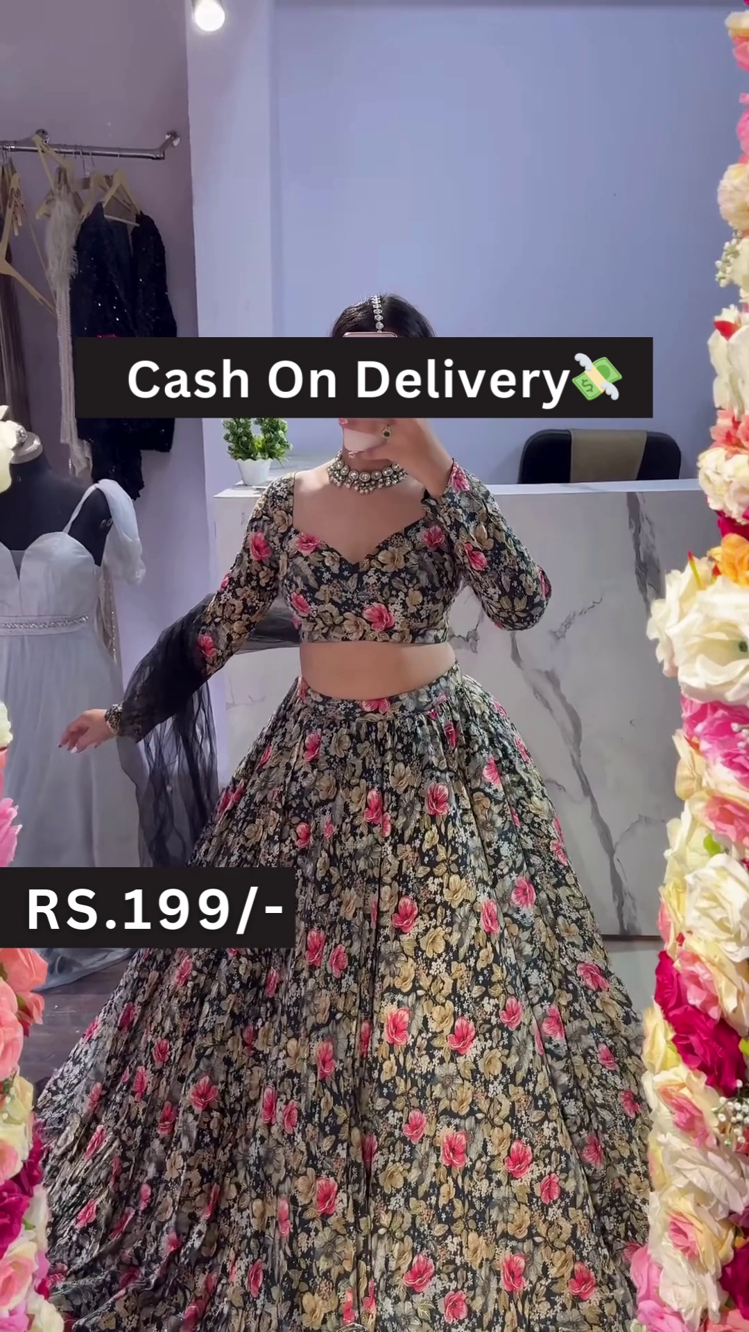 Black Floral Printed Lehenga Choli Set with Pink-Yellow Bloom Motifs and Casual Fit