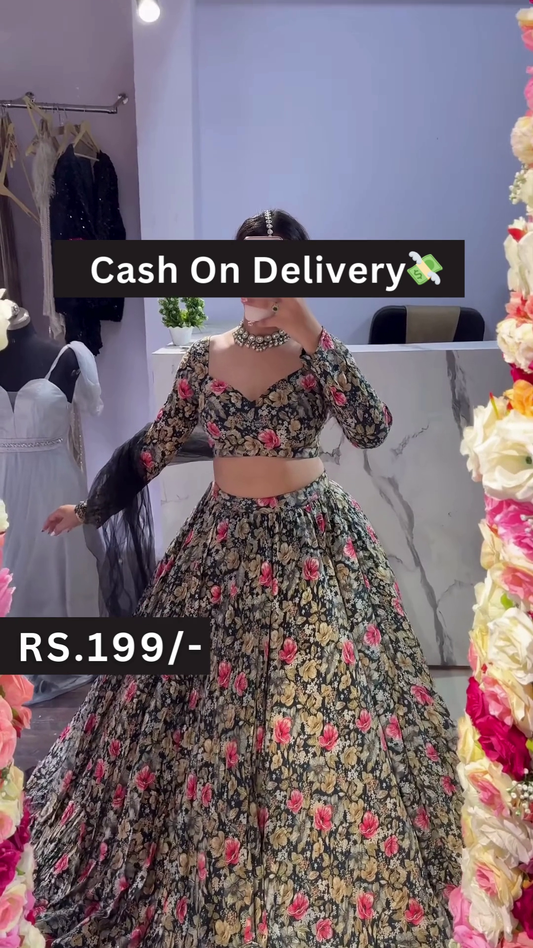 Black Floral Printed Lehenga Choli Set with Pink-Yellow Bloom Motifs and Casual Fit