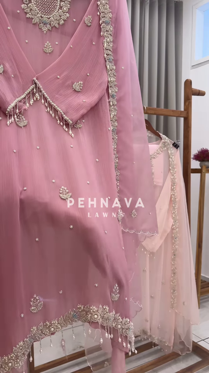 Rose Blush Embroidered Chiffon Suit with Pearl & Zari Detailing