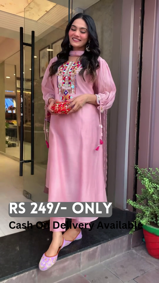 Soft Pink Embroidered Kurti with Tassel Detailing
