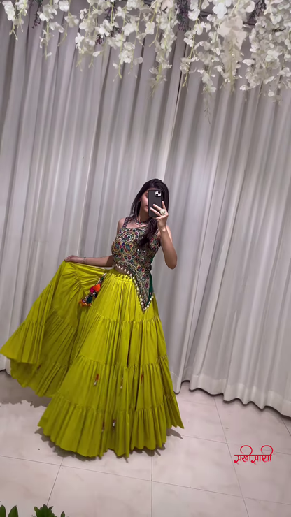 Bright Yellow Tiered Lehenga Choli with Multicolored Embroidery – A Joyful Burst of Style for Raksha Bandhan and Festive Days