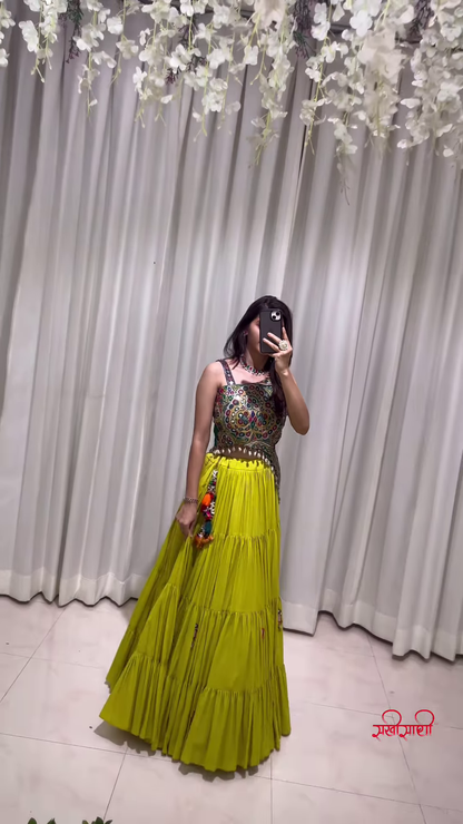 Bright Yellow Tiered Lehenga Choli with Multicolored Embroidery – A Joyful Burst of Style for Raksha Bandhan and Festive Days