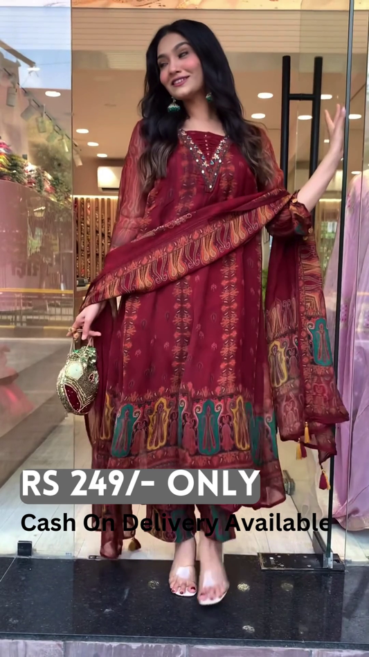 Burgundy Printed Anarkali with Embroidered Neckline
