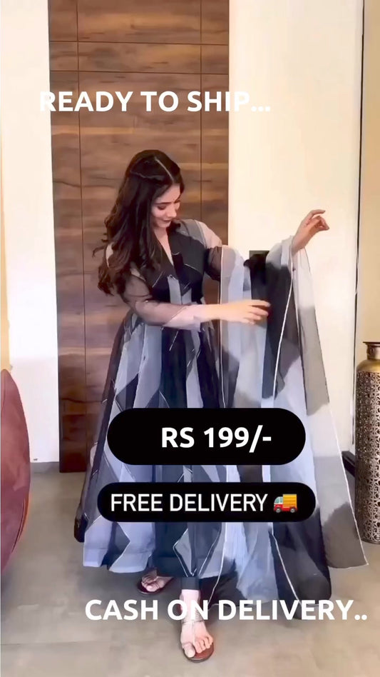 Grey-Black Tabby Organza Zigzag Anarkali