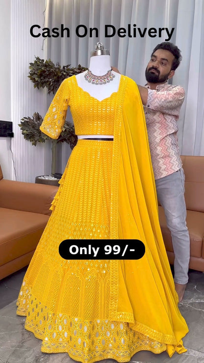 Yellow color Designer Embroidery & Mirror work Lehenga choli for Haldi Function