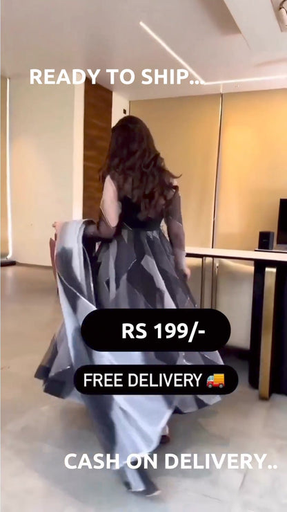 Grey-Black Tabby Organza Zigzag Anarkali