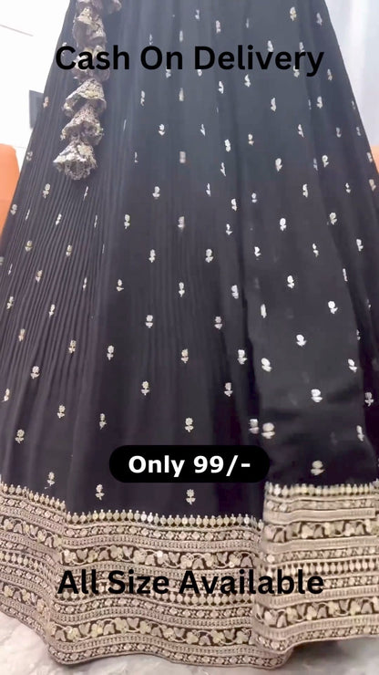 Embroidered Net Lehenga in Black