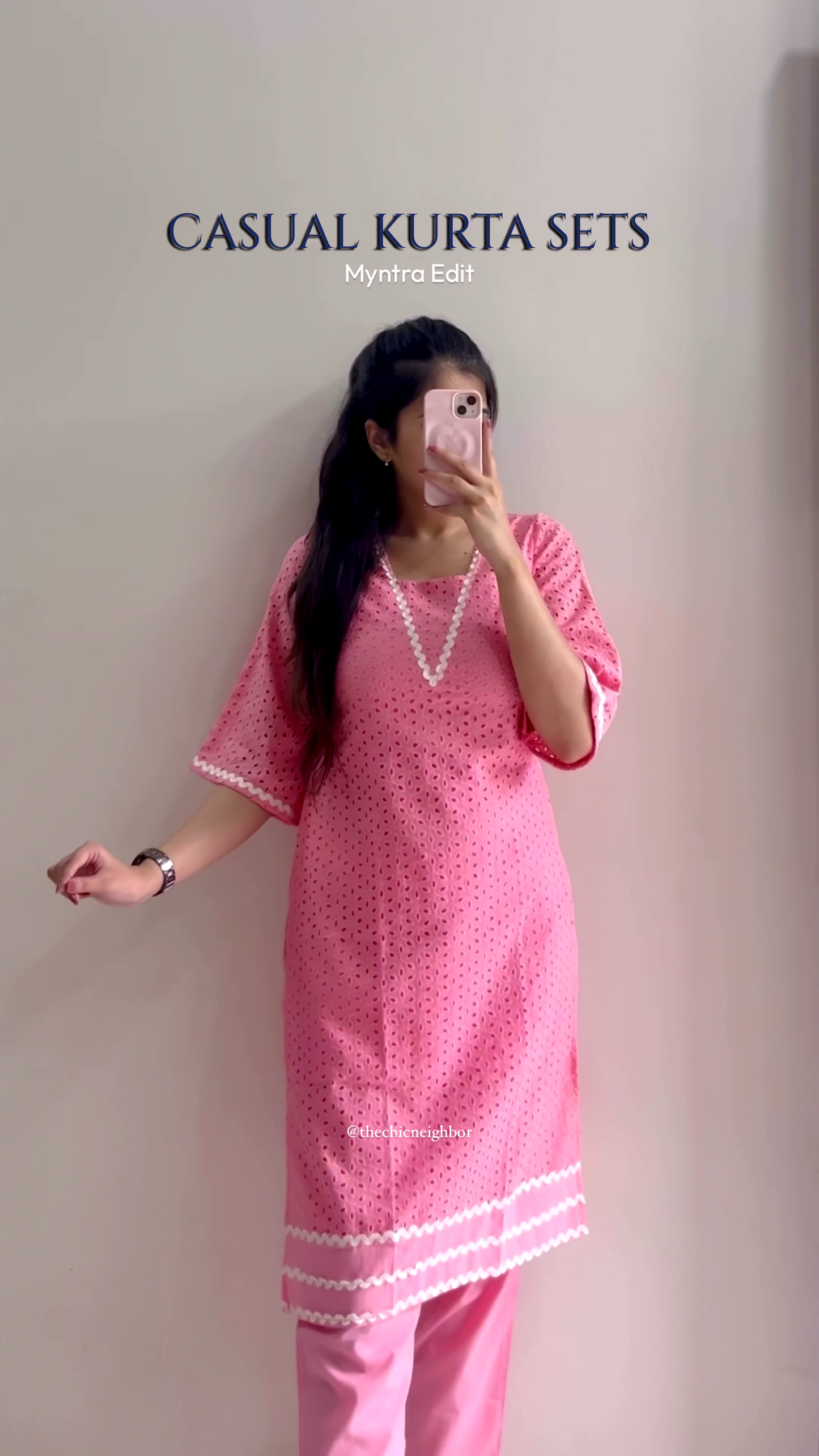 Pink Casual Kurta Set with Perforated Lace Detailing – A Breezy Everyday Ensemble for Chic Comfort